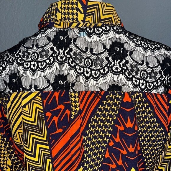 Anthropologie Anthro SKIES ARE BLUE Abstract Sheer Lace Button Up Shirt Top - L - Picture 7 of 10